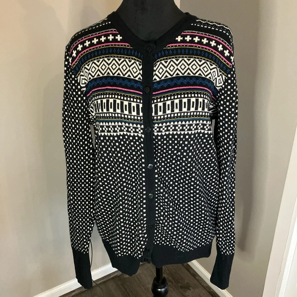Merona size large black and white cardigan with pink and blue accents. - Picture 1 of 4